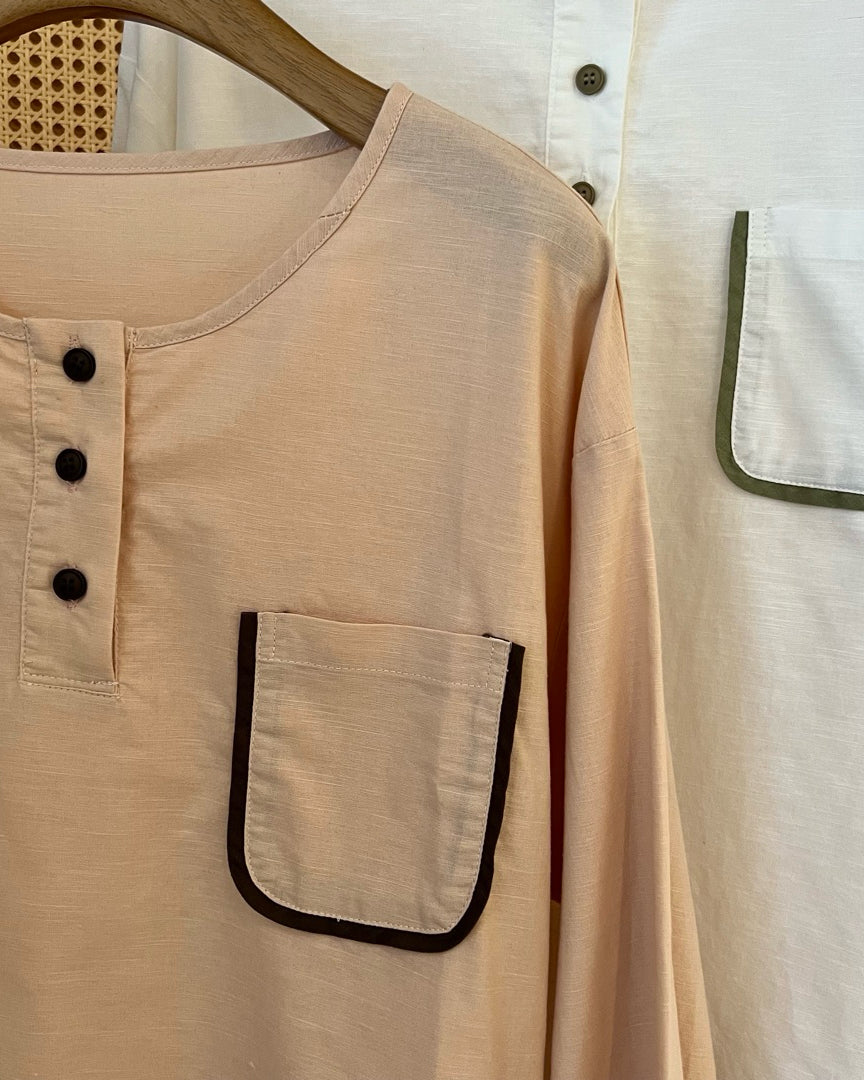 Minimal Cotton Linen Blend Contrast-Trim Pocket Top