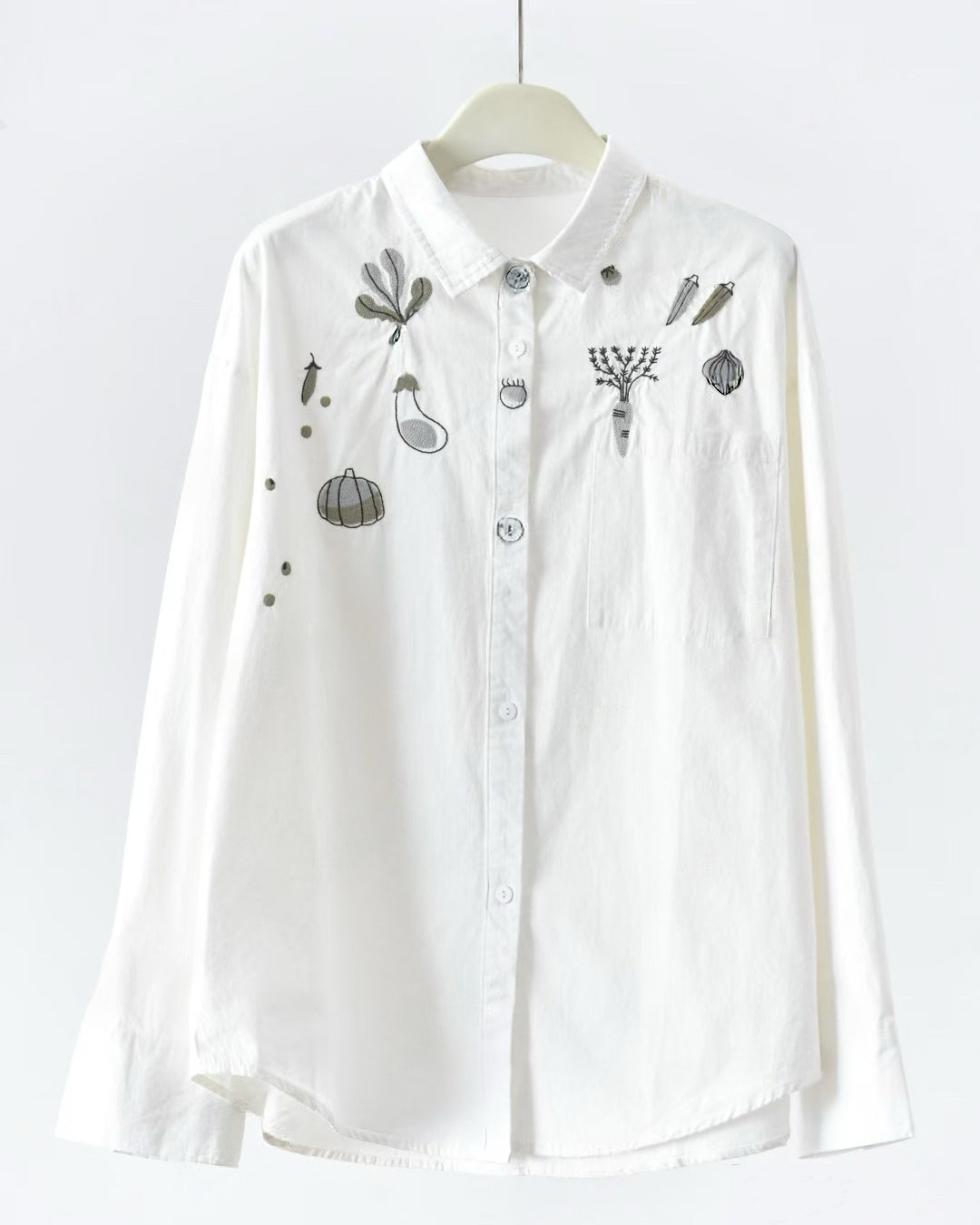 Contrast Vegetable Embroidery Washed Longline Shirt