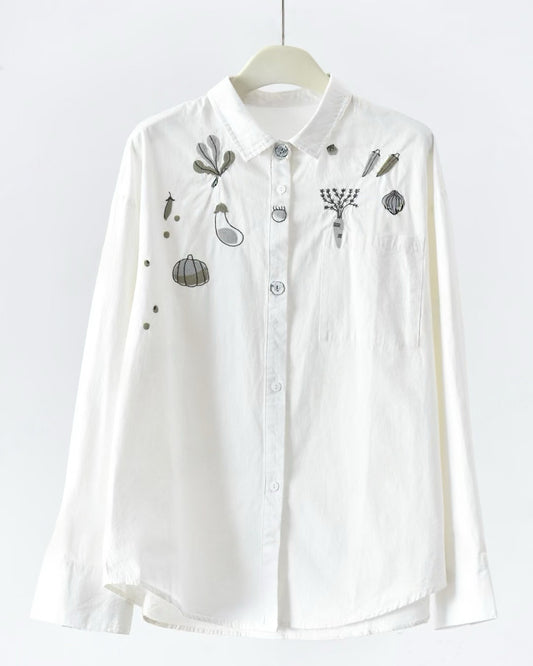 Contrast Vegetable Embroidery Washed Longline Shirt