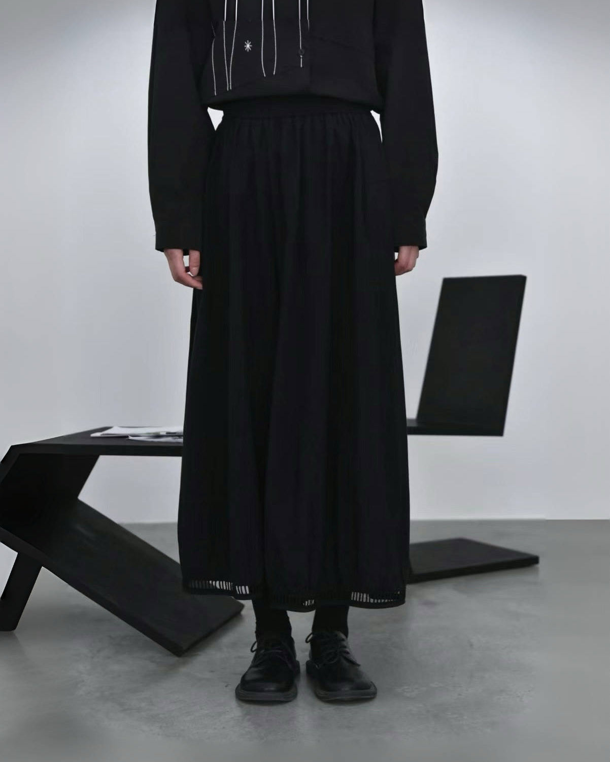 Textured Wide Pants with Cut-Out Hem