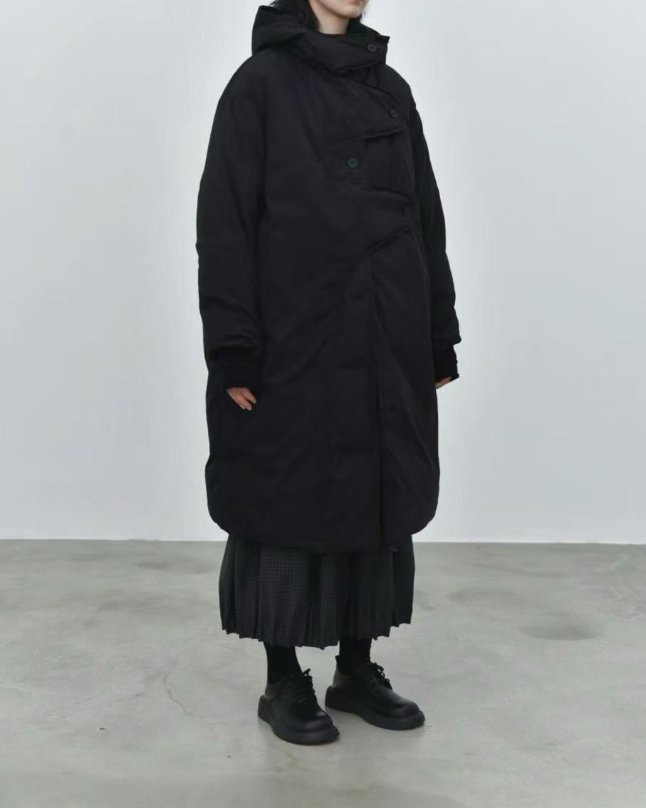 Curved Placket Long Hooded 90% White Duck Down Coat
