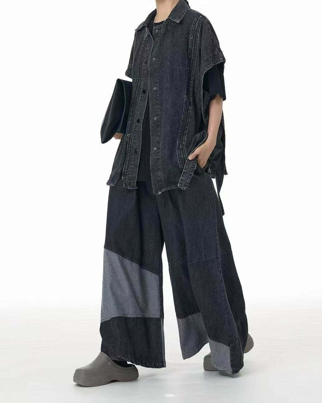 Structured Denim Vest with Zipper Detailing