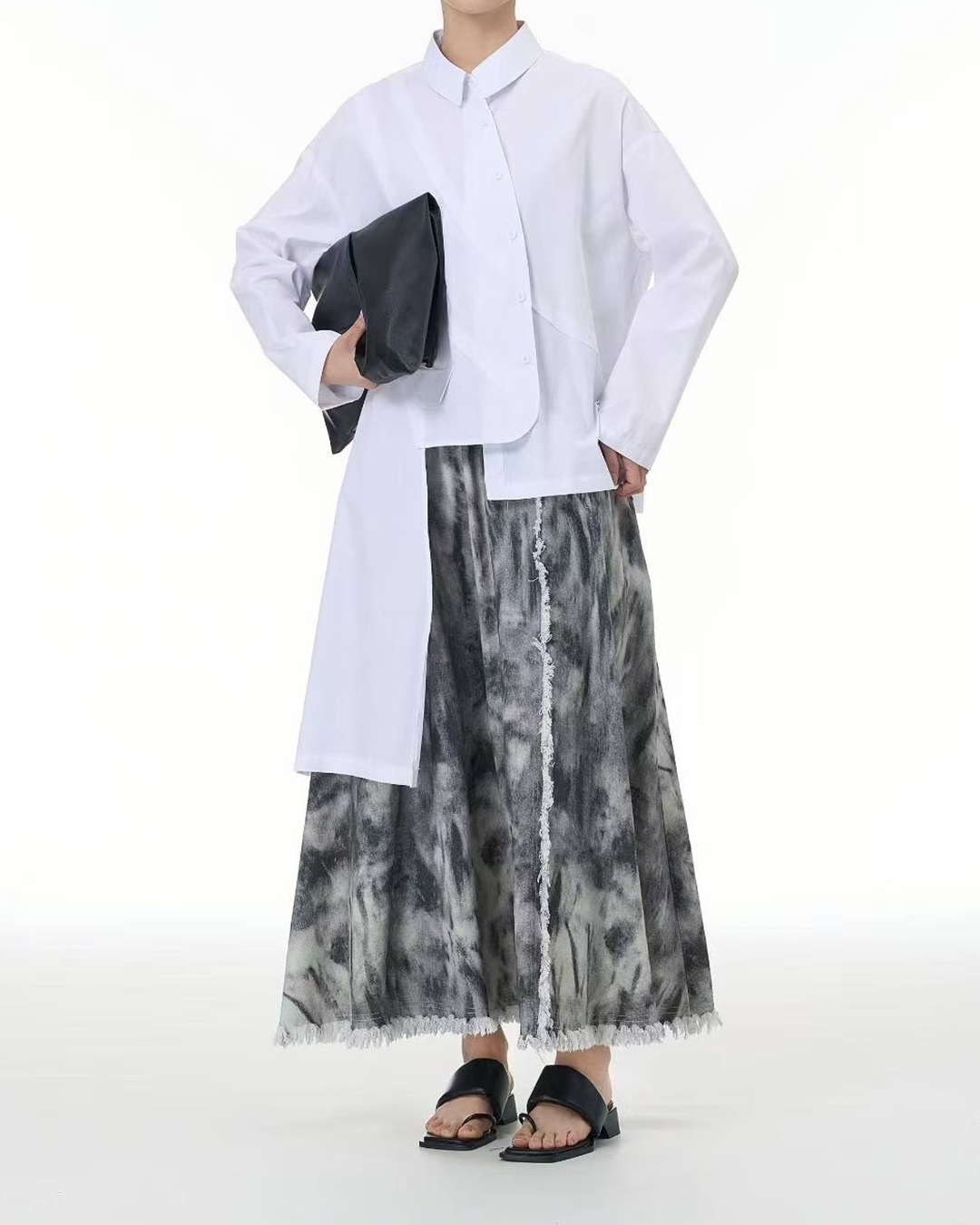 Asymmetric Hemline Long Sleeves Cotton Shirt