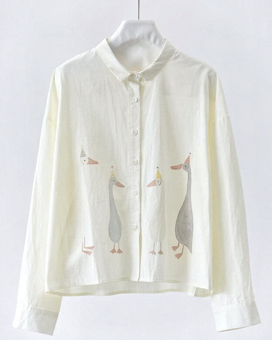 Geese in Party Hats Print Long-Sleeve Shirt