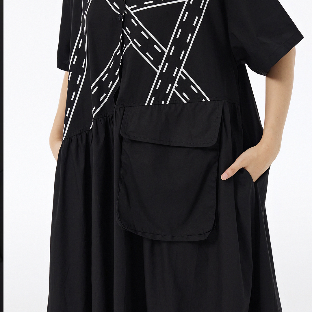 Ribbon Print Front Pocket Deco Short Sleeves Dress