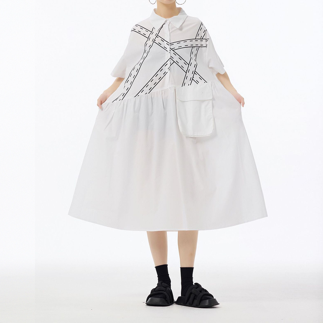 Ribbon Print Front Pocket Deco Short Sleeves Dress