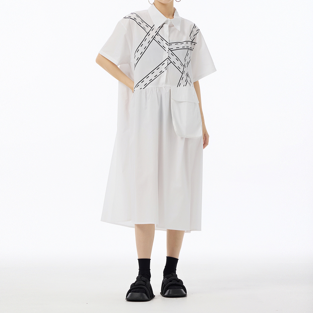 Ribbon Print Front Pocket Deco Short Sleeves Dress