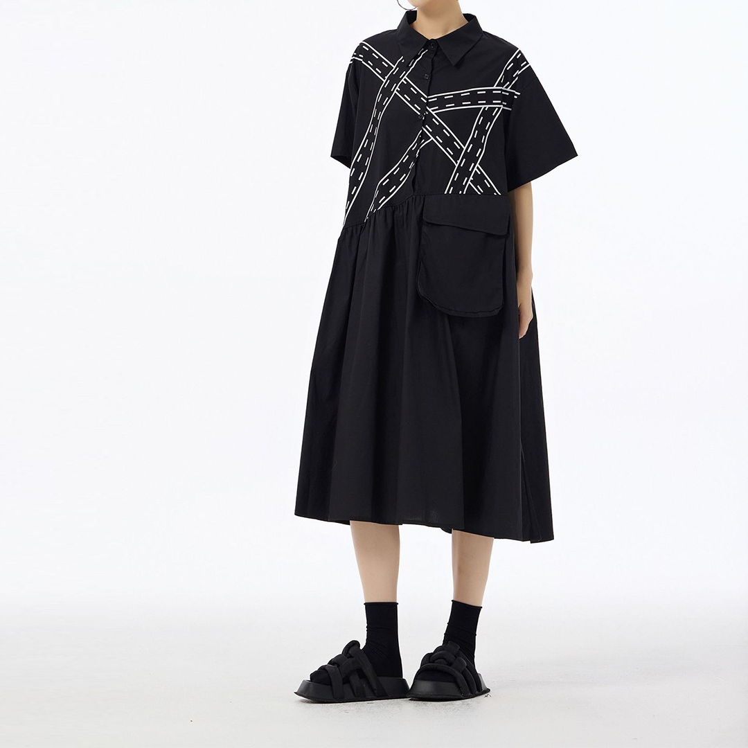 Ribbon Print Front Pocket Deco Short Sleeves Dress
