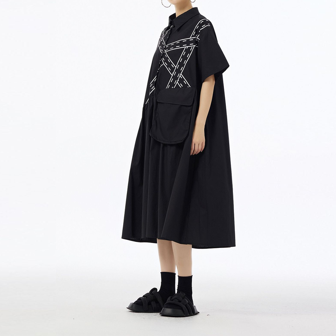 Ribbon Print Front Pocket Deco Short Sleeves Dress