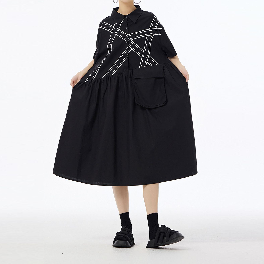 Ribbon Print Front Pocket Deco Short Sleeves Dress