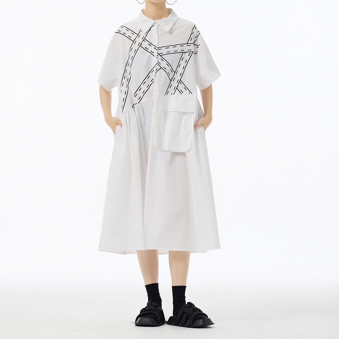 Ribbon Print Front Pocket Deco Short Sleeves Dress