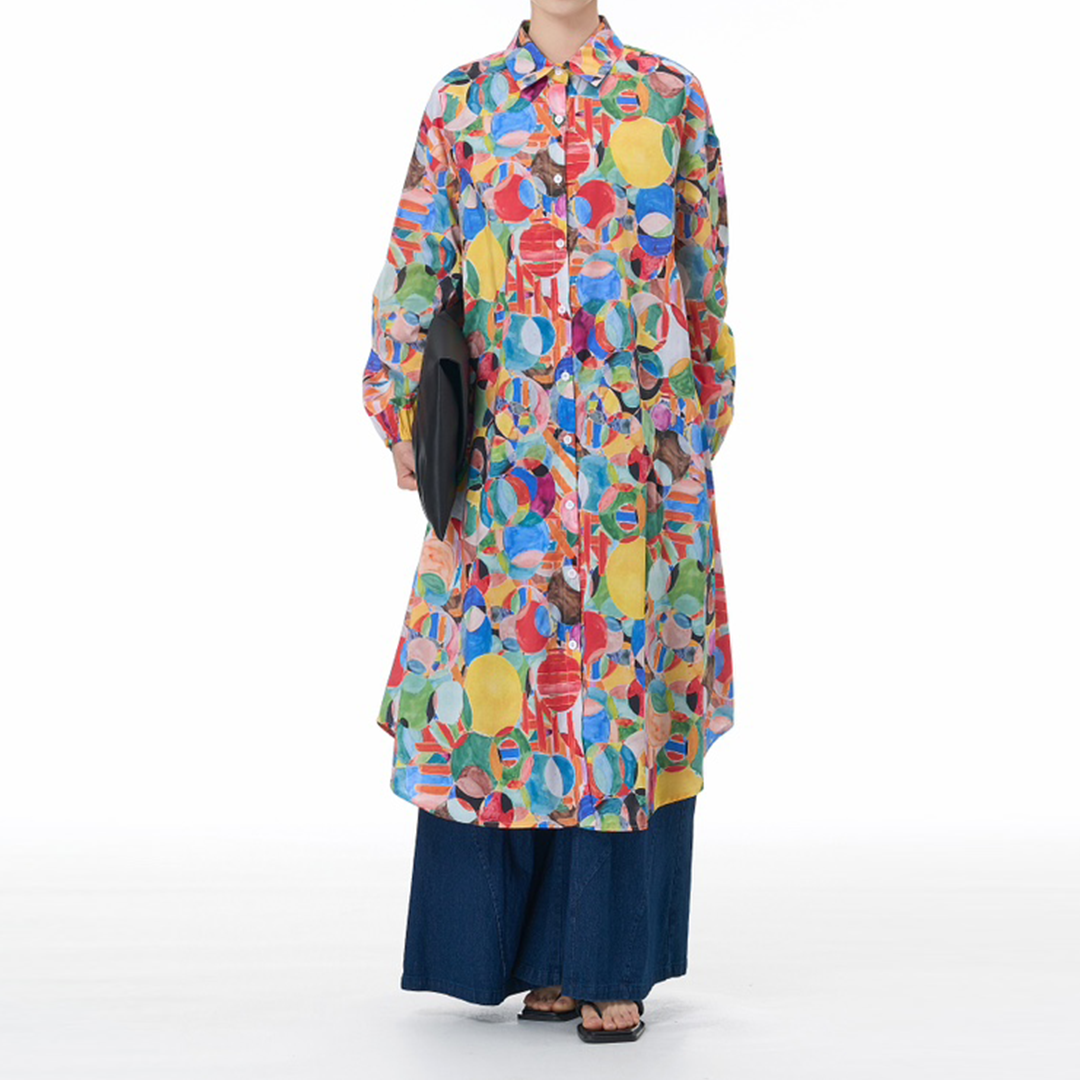 Cotton Long-Sleeve Dress with Abstract Geometric Circle Print