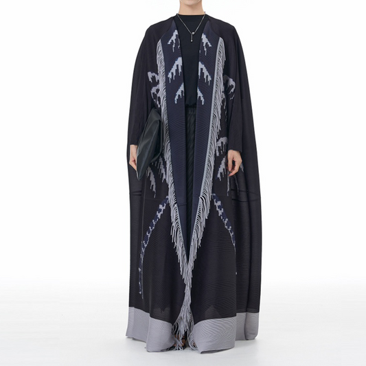 Symmetrical Placement Print Pleated Fabric with Fringe Detailing