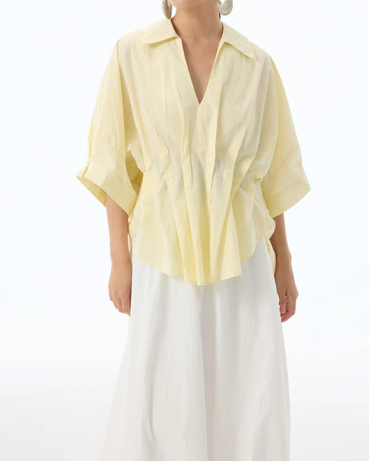 Waist Pleated Elegant Top Short Sleeves
