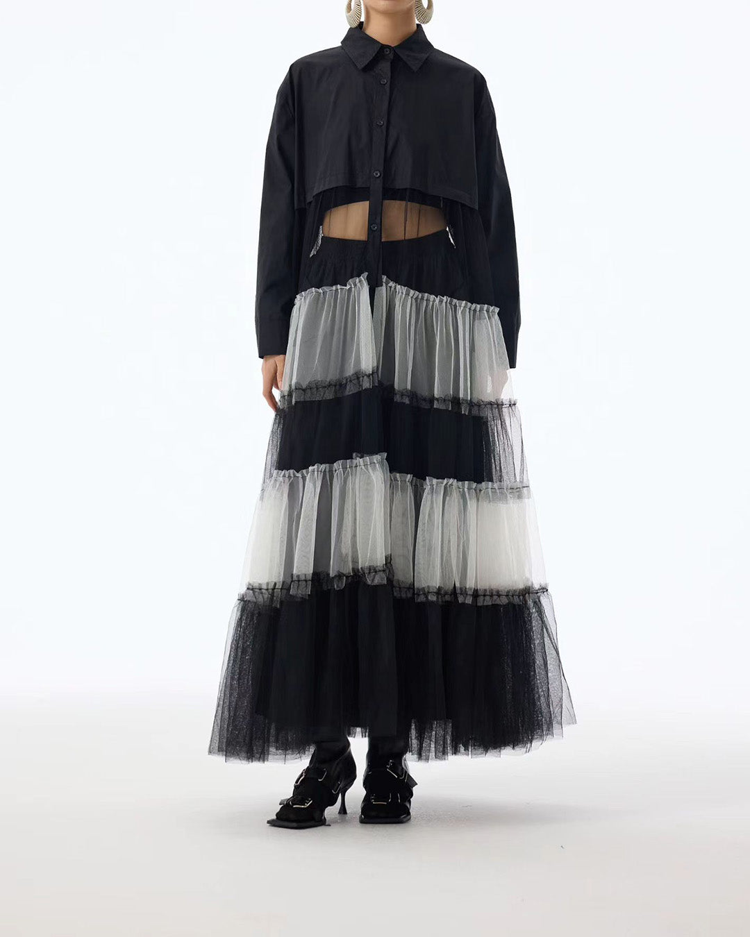 Shirt Dress with Tiered Black & White Mesh