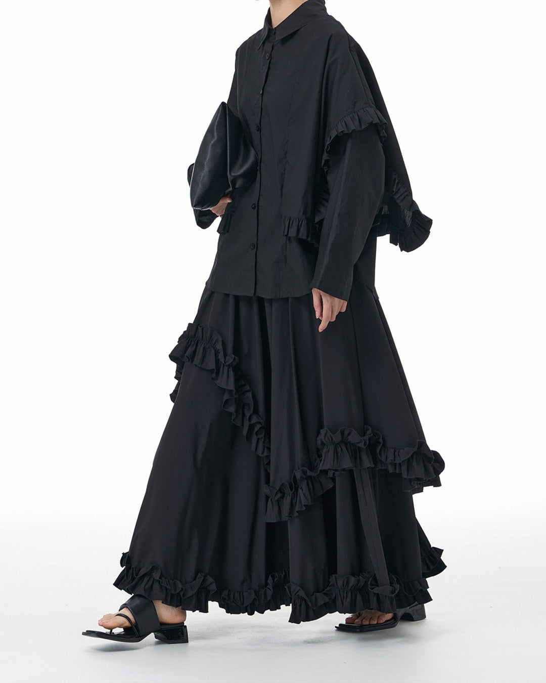 Elegant Ruffle-Trim Cotton Long-Sleeve Shirt