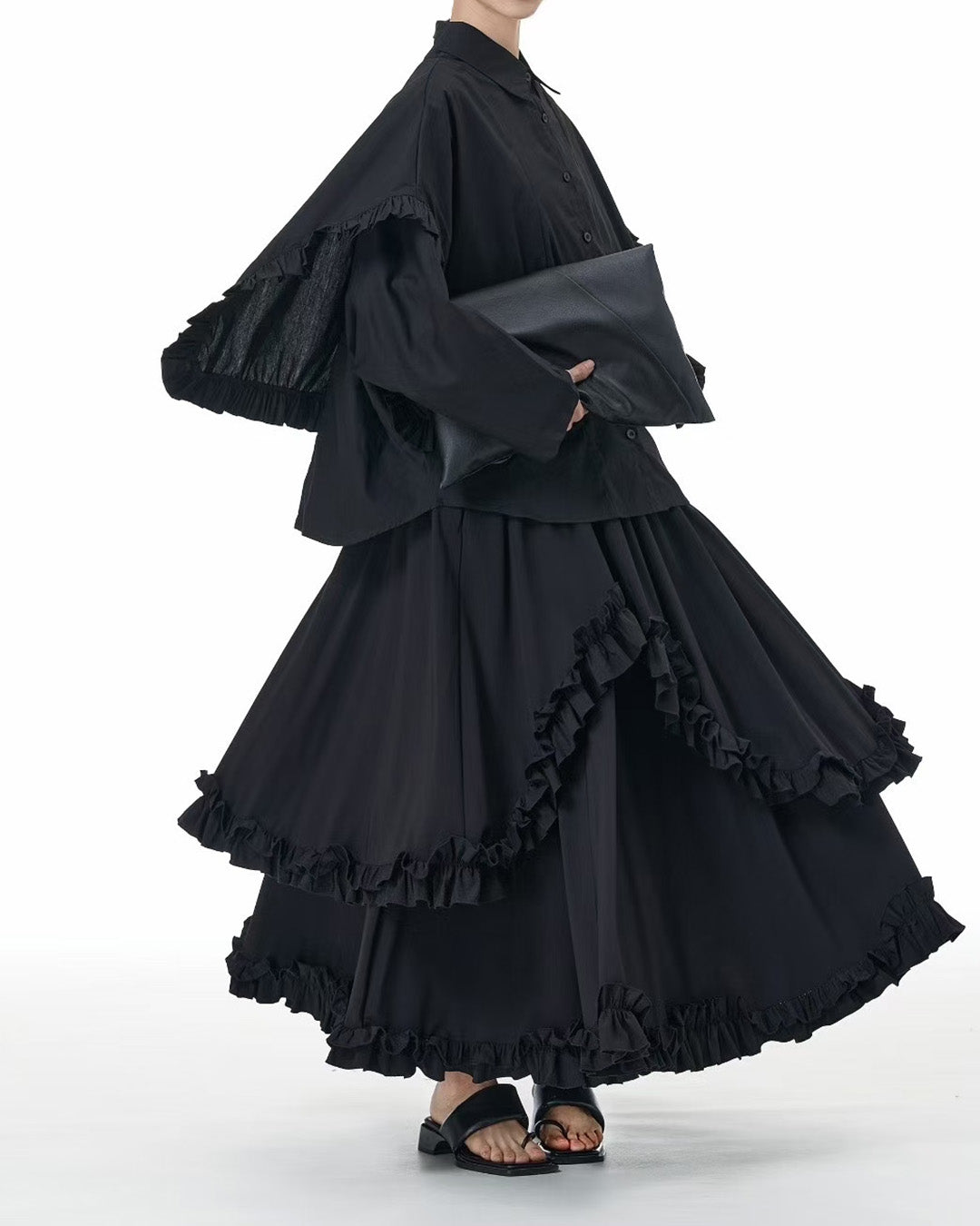Elegant Ruffle-Trim Cotton Long-Sleeve Shirt