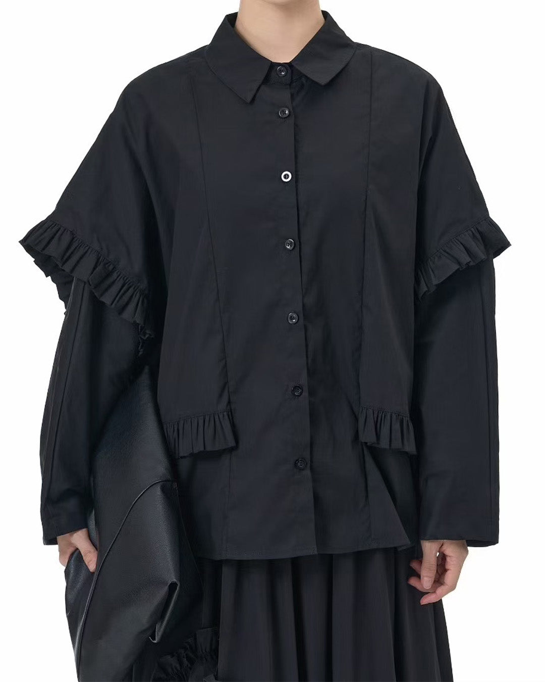 Elegant Ruffle-Trim Cotton Long-Sleeve Shirt