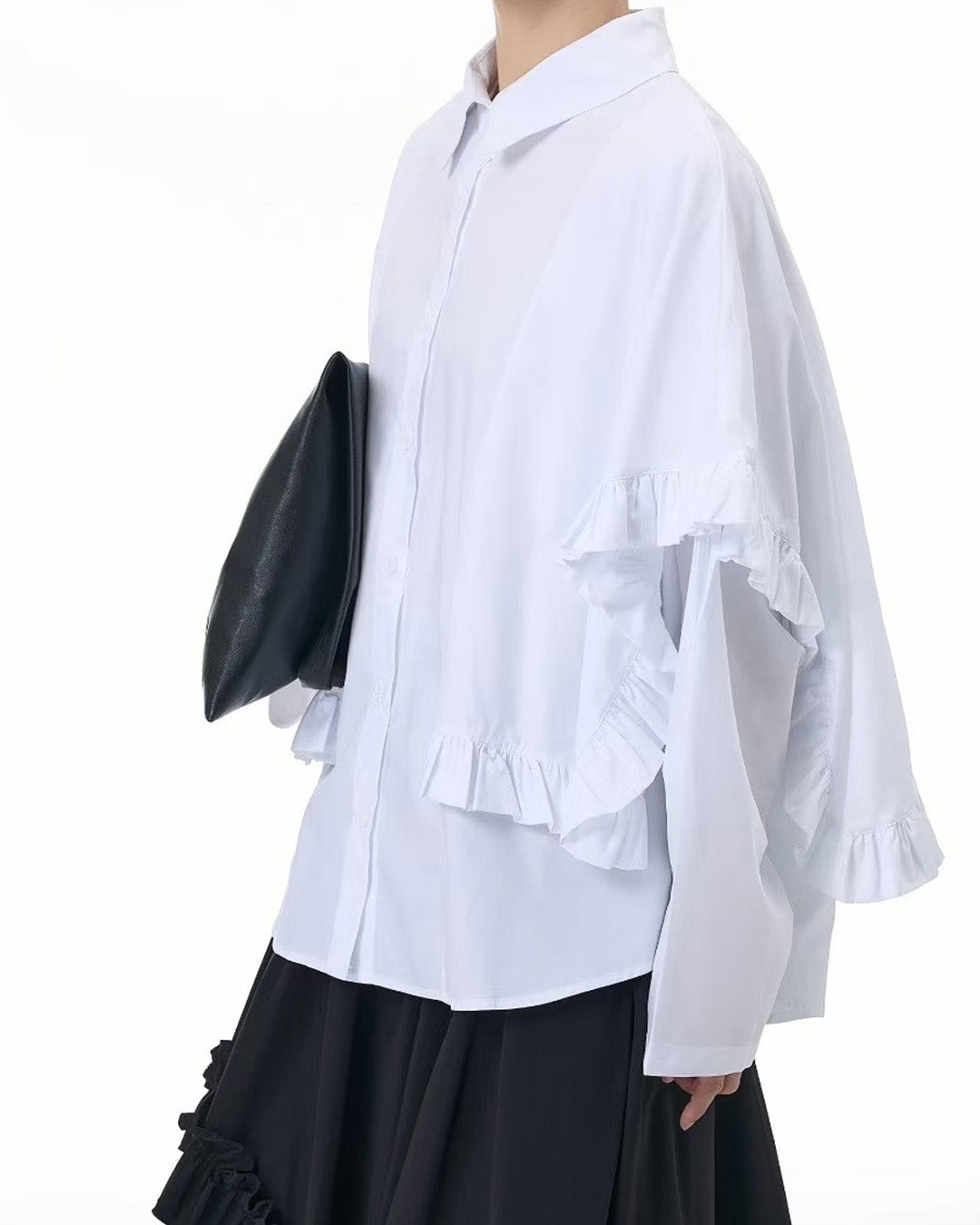 Elegant Ruffle-Trim Cotton Long-Sleeve Shirt