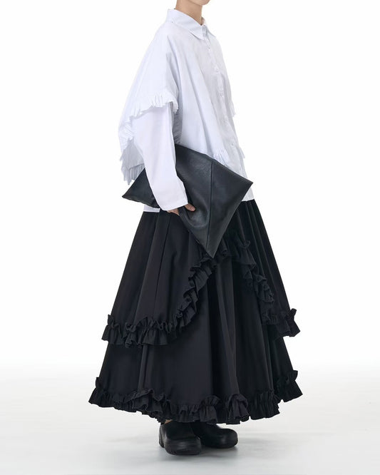 Elegant Ruffle-Trim Cotton Long-Sleeve Shirt