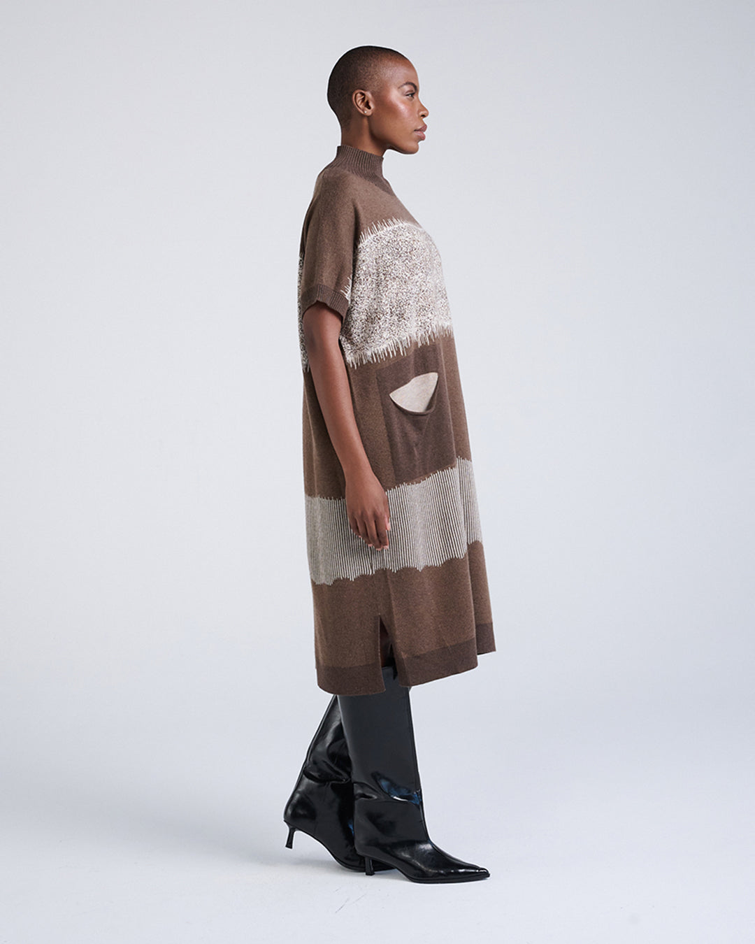 Wool Blend Short Sleeve Knit Dress with Lace Pattern
