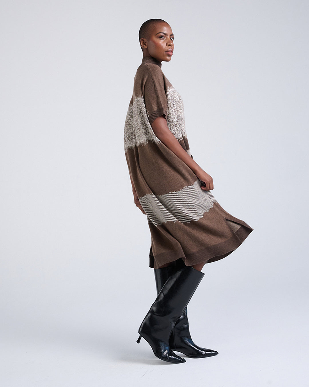 Wool Blend Short Sleeve Knit Dress with Lace Pattern