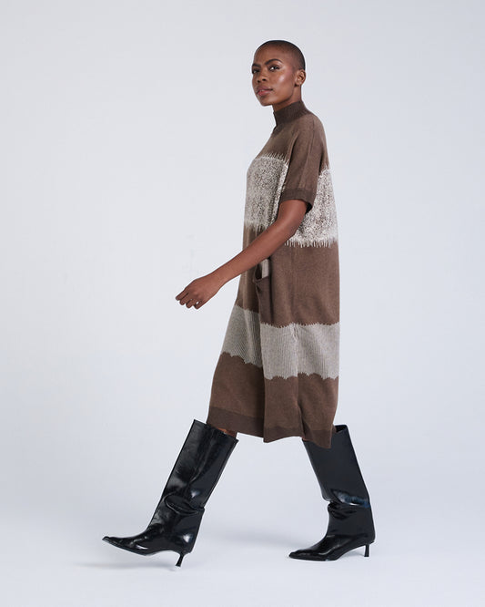 Wool Blend Short Sleeve Knit Dress with Lace Pattern