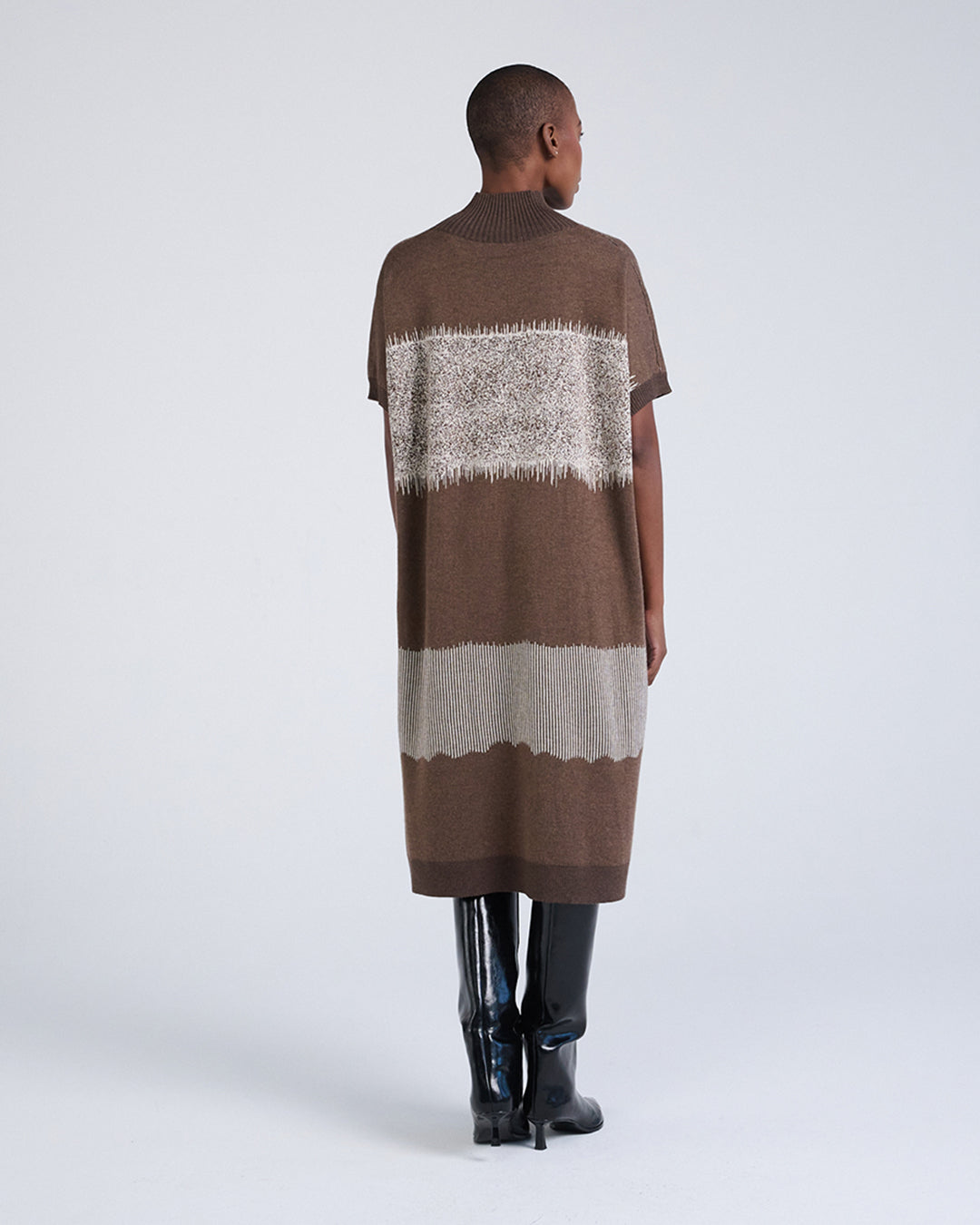 Wool Blend Short Sleeve Knit Dress with Lace Pattern