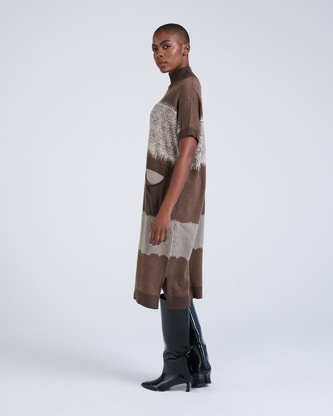Wool Blend Short Sleeve Knit Dress with Lace Pattern