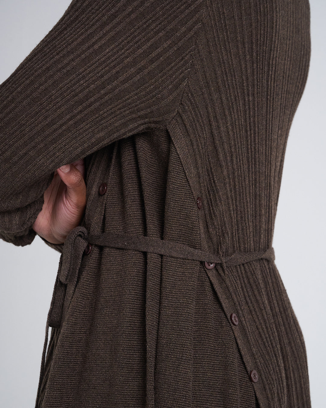 Wool Blend Wide Rib Knit Long Sleeve Dress with Belted Waist in Brown