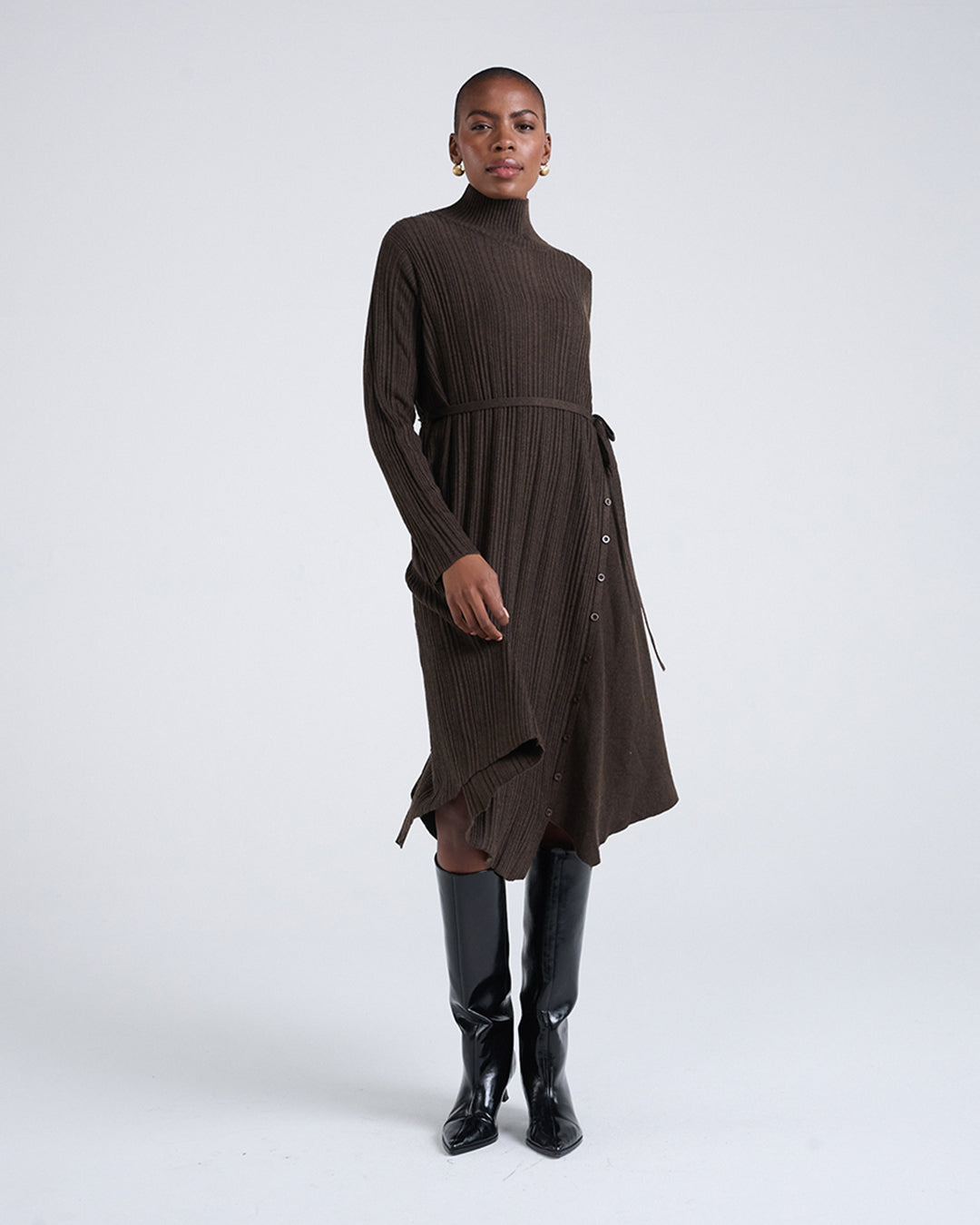 Wool Blend Wide Rib Knit Long Sleeve Dress with Belted Waist in Brown