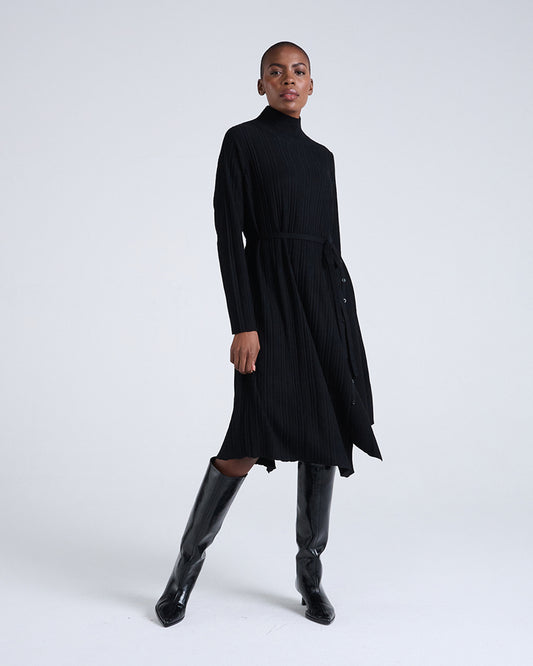 Wool Blend Wide Rib Knit Long Sleeve Dress with Belted Waist
