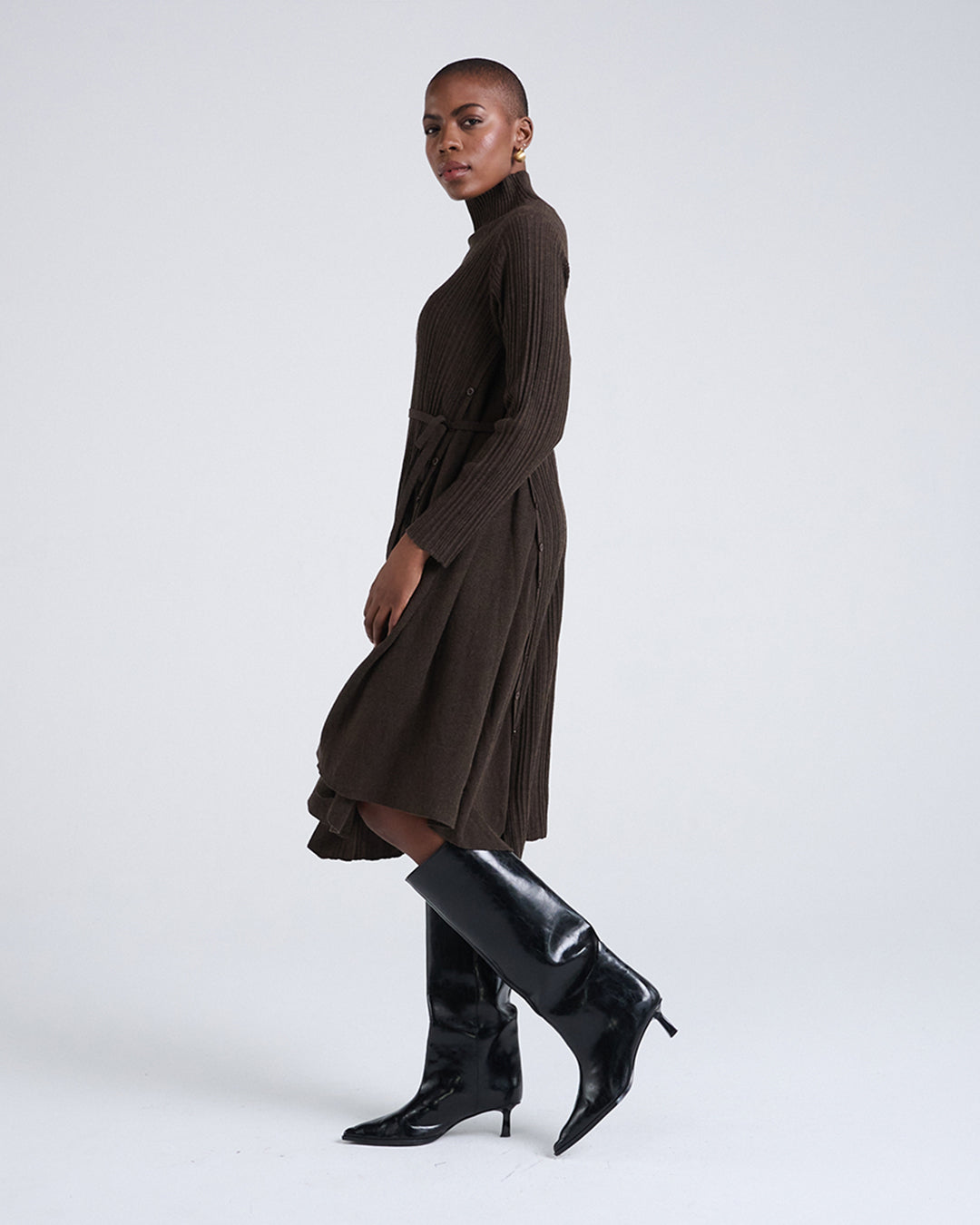 Wool Blend Wide Rib Knit Long Sleeve Dress with Belted Waist in Brown