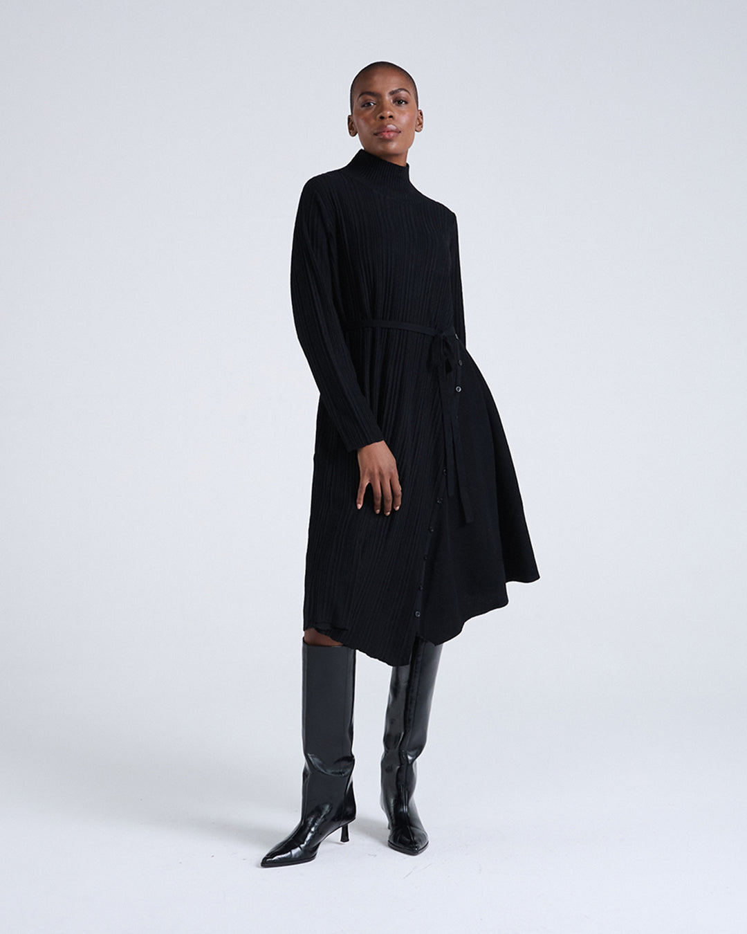Wool Blend Wide Rib Knit Long Sleeve Dress with Belted Waist