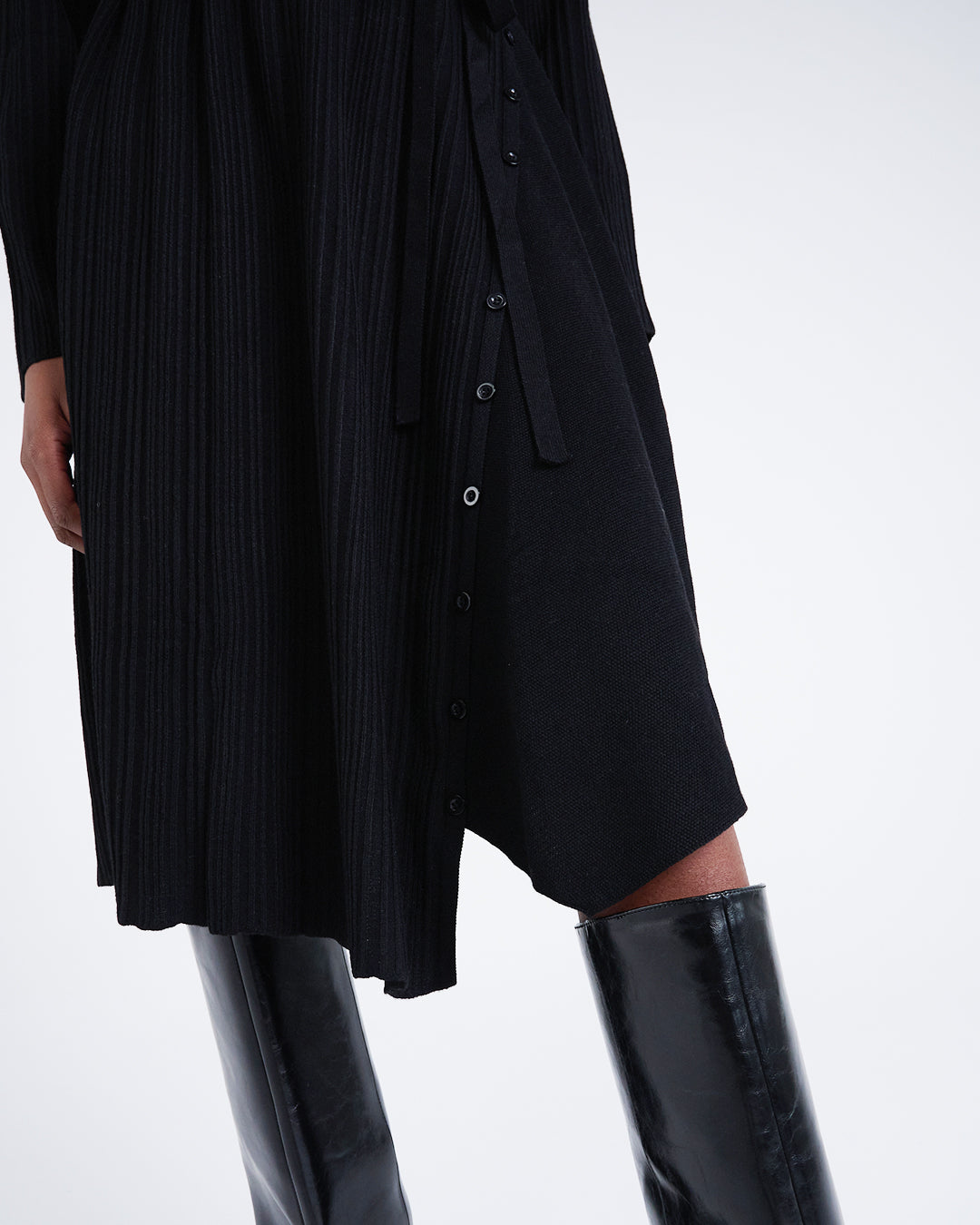 Wool Blend Wide Rib Knit Long Sleeve Dress with Belted Waist