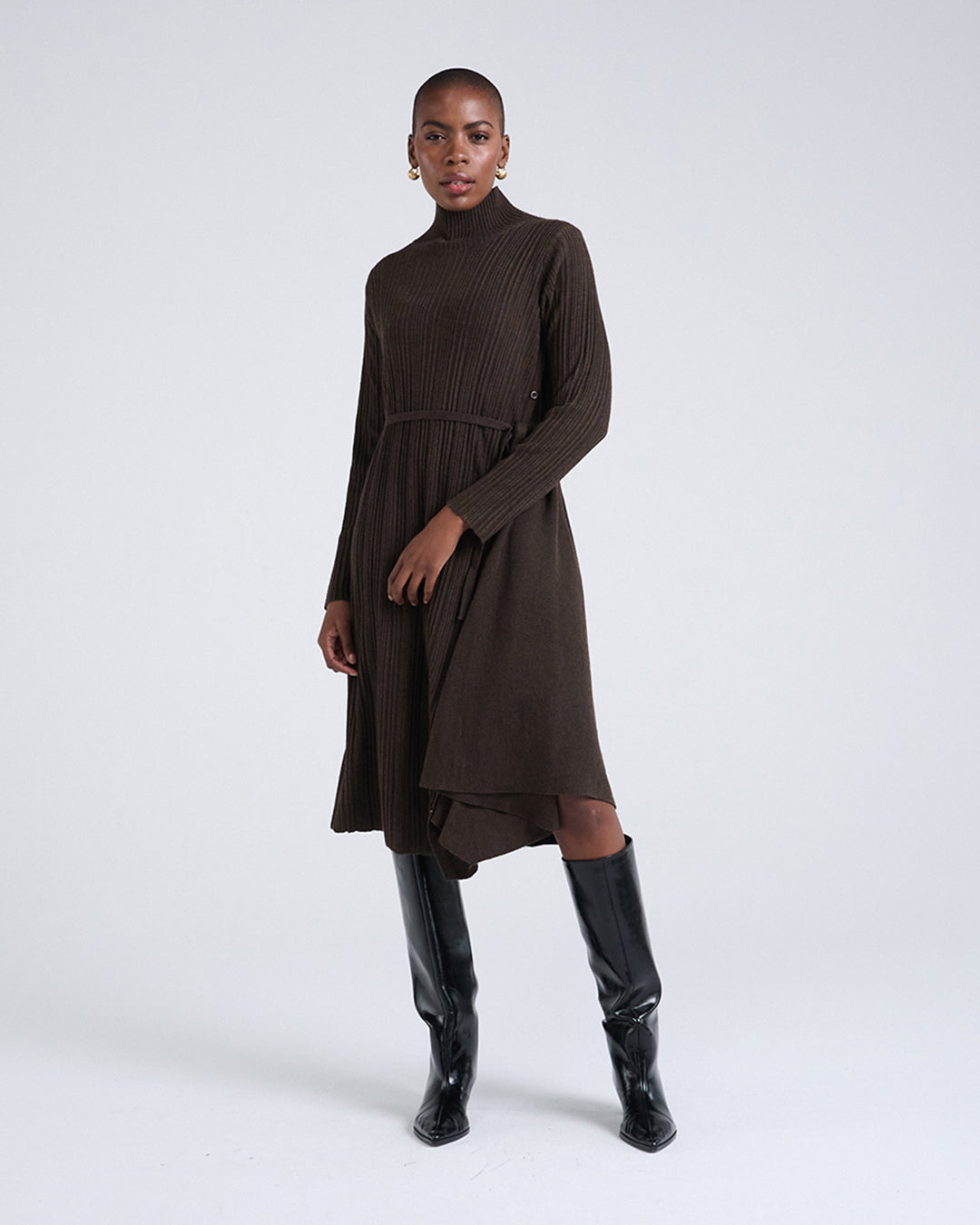 Wool Blend Wide Rib Knit Long Sleeve Dress with Belted Waist in Brown
