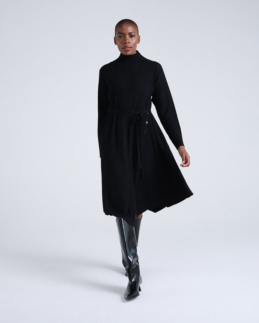 Wool Blend Wide Rib Knit Long Sleeve Dress with Belted Waist