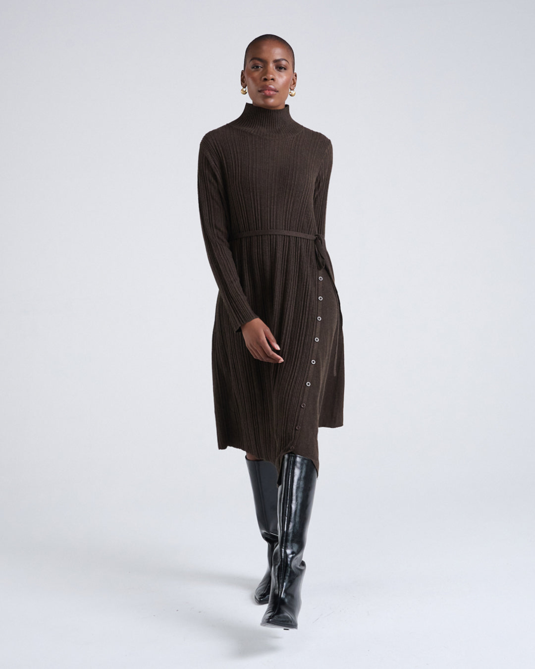 Wool Blend Wide Rib Knit Long Sleeve Dress with Belted Waist in Brown