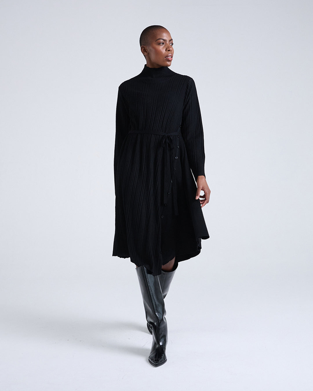 Wool Blend Wide Rib Knit Long Sleeve Dress with Belted Waist