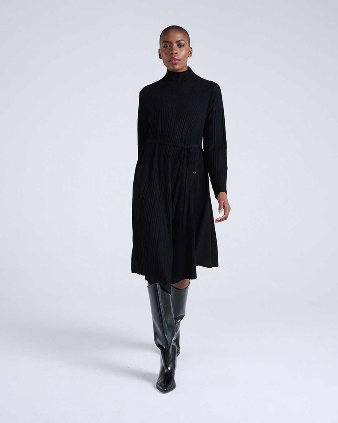 Wool Blend Wide Rib Knit Long Sleeve Dress with Belted Waist