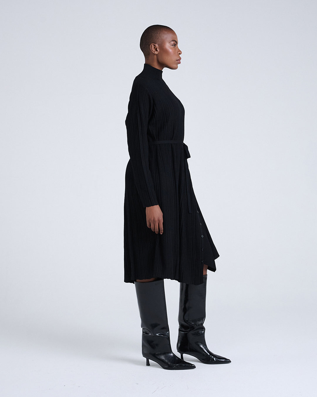 Wool Blend Wide Rib Knit Long Sleeve Dress with Belted Waist