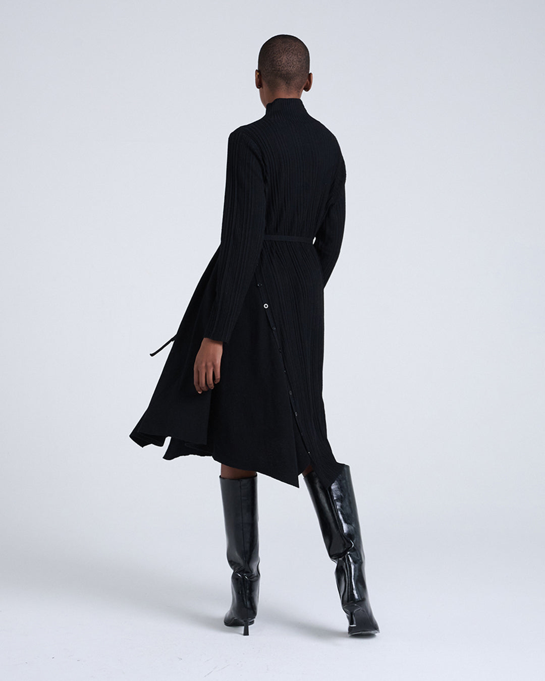 Wool Blend Wide Rib Knit Long Sleeve Dress with Belted Waist