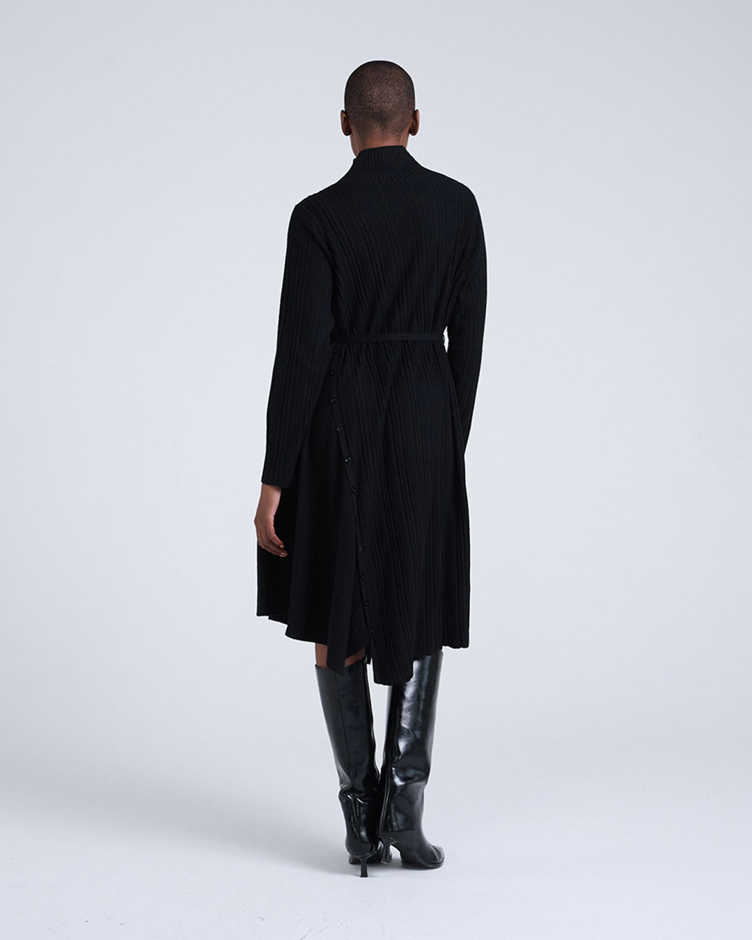 Wool Blend Wide Rib Knit Long Sleeve Dress with Belted Waist