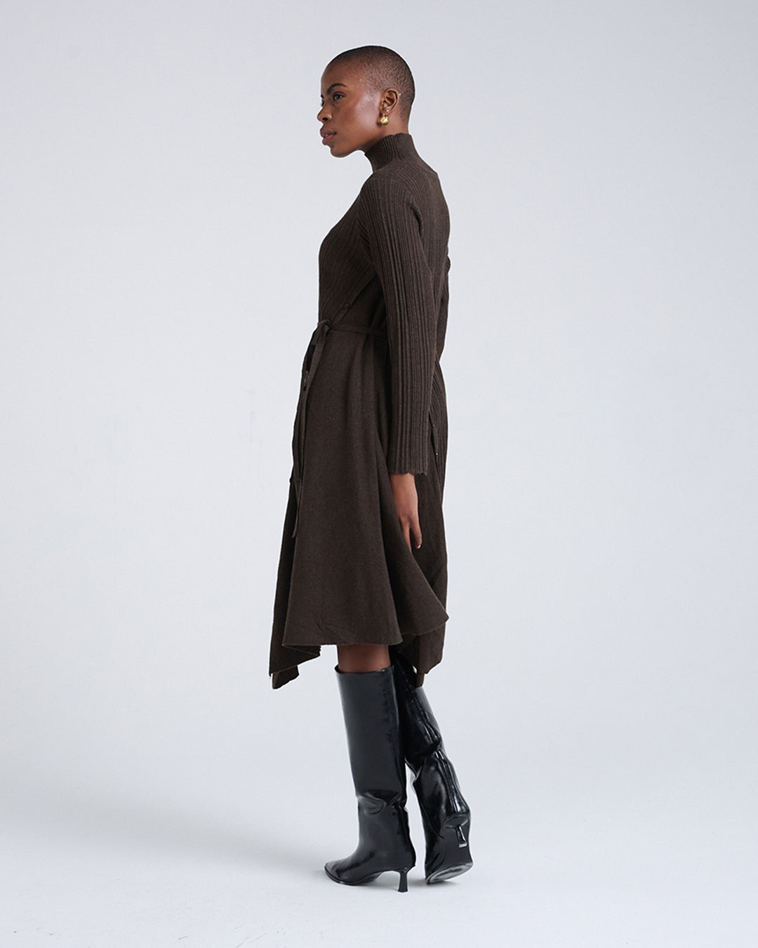 Wool Blend Wide Rib Knit Long Sleeve Dress with Belted Waist in Brown