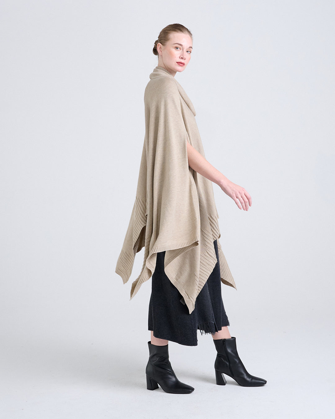 Wool Blend Cowl Neckline Top with Sculptural Hem and Textured Finish