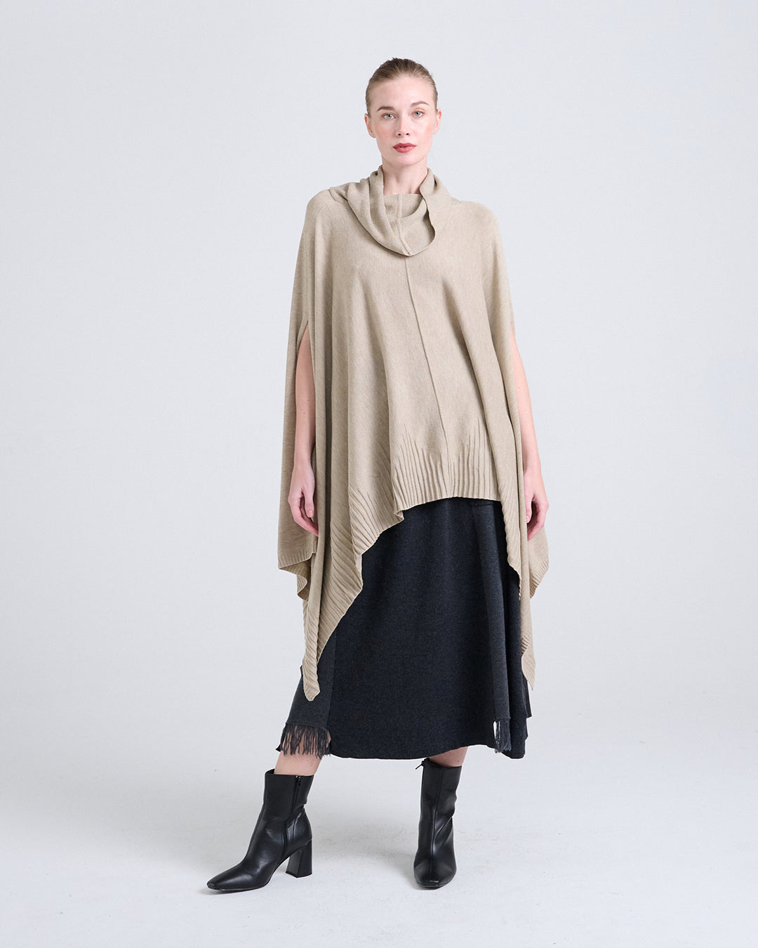 Wool Blend Cowl Neckline Top with Sculptural Hem and Textured Finish