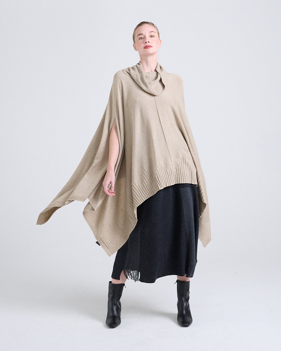 Wool Blend Cowl Neckline Top with Sculptural Hem and Textured Finish