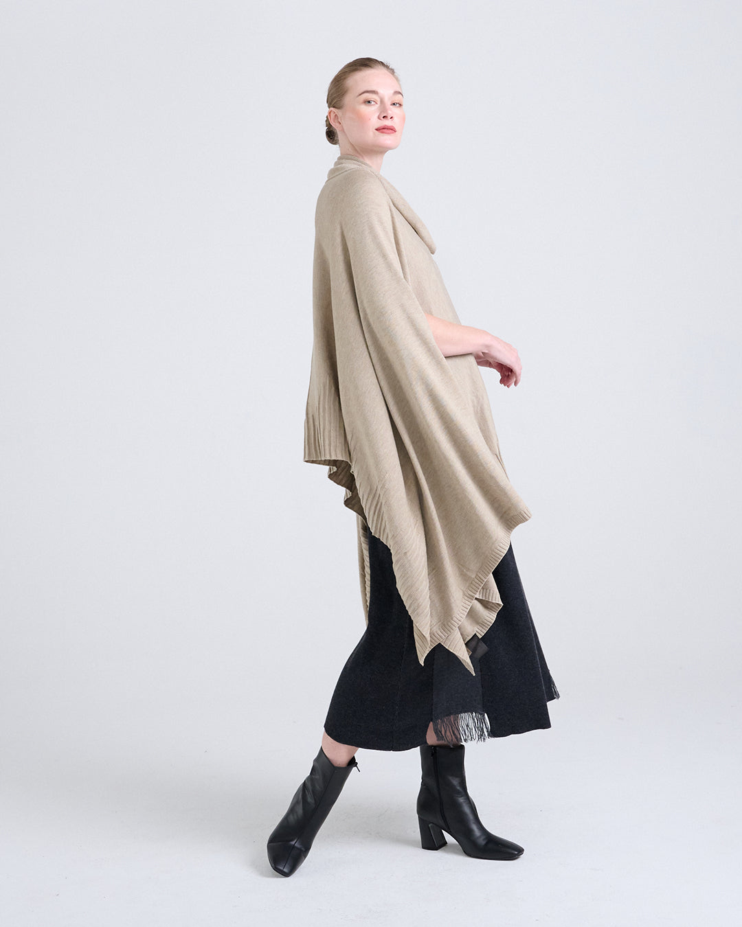 Wool Blend Cowl Neckline Top with Sculptural Hem and Textured Finish