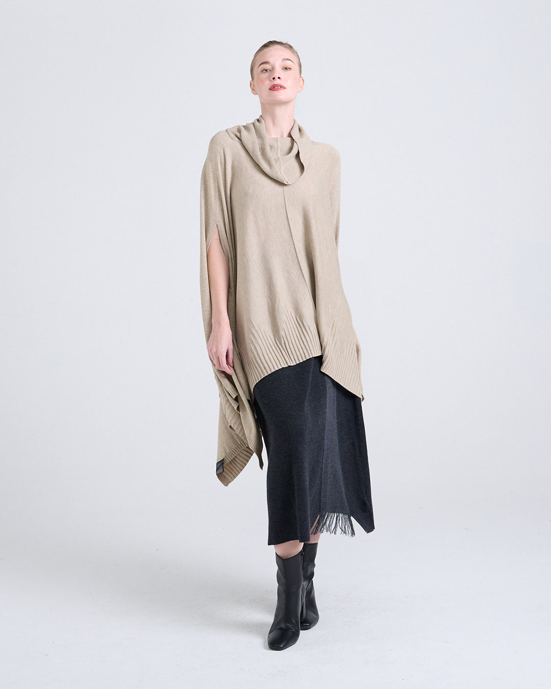 Wool Blend Cowl Neckline Top with Sculptural Hem and Textured Finish