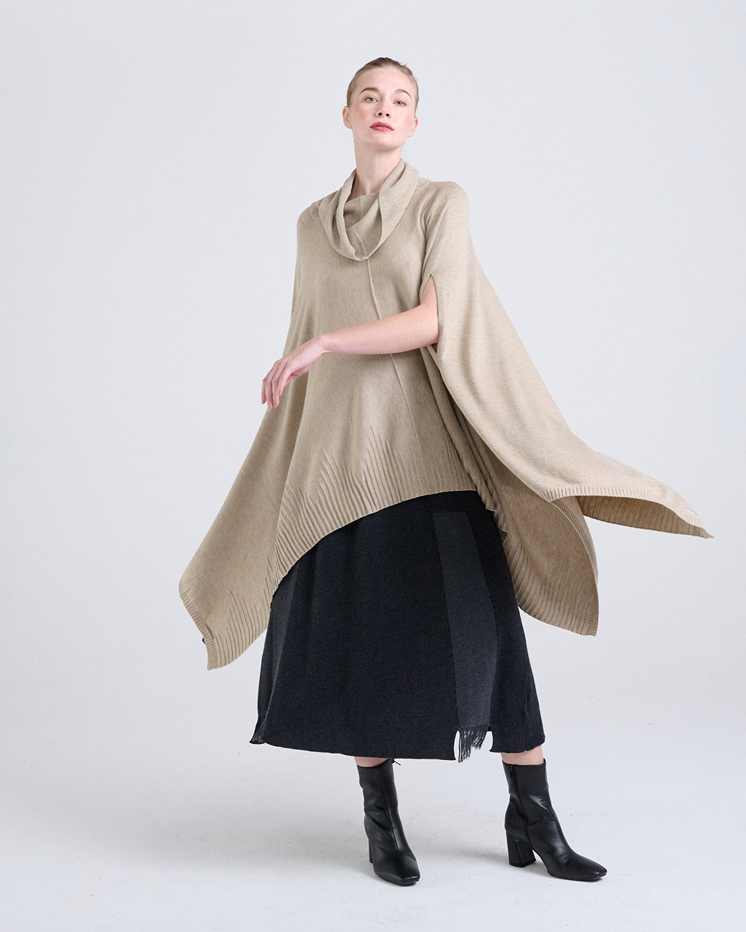 Wool Blend Cowl Neckline Top with Sculptural Hem and Textured Finish